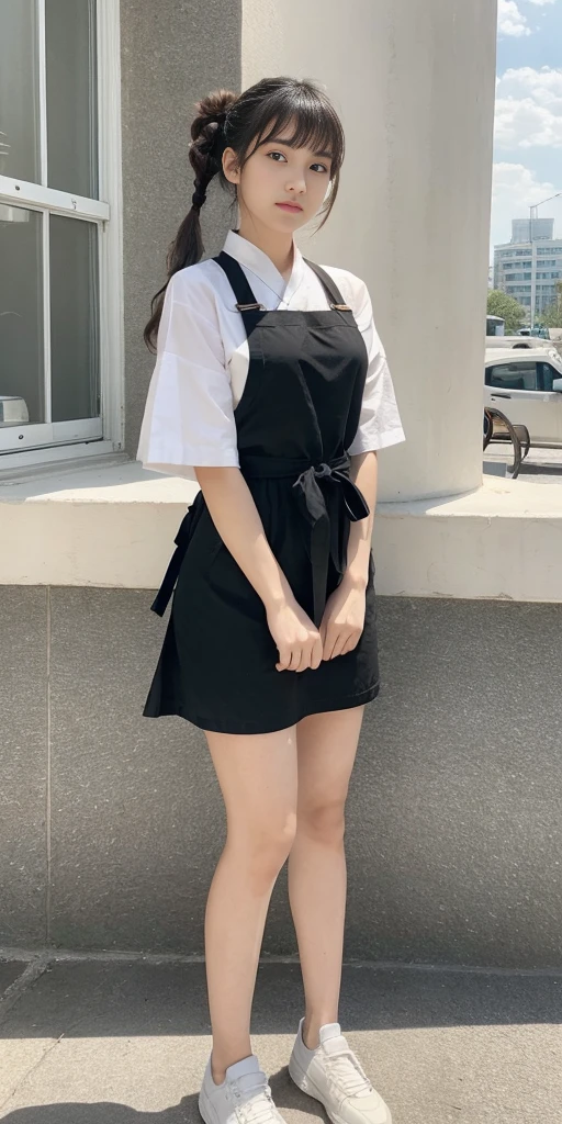 1girl,legs,a girl at building,(((building))),  braided bangs,braided ponytail,(solo:1.2),apron,thick thighs,side-tie panties, balck hair, yo,looking at viewer, sunlight,hanfu, 