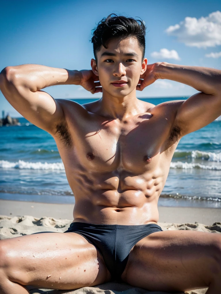 Realistic photography, 8k , handsome young muscular chinese man, wearing no shirt , wearing only black thong, beach, sitting, lifted arms, spread legs