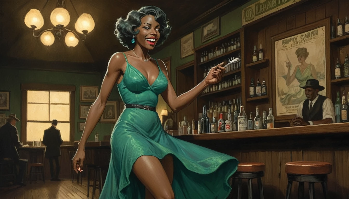 robert johnson, gritty, alabama bar, blue note, charismatic , green dress, illustration, ???? fantasy, lone canadian lady, happy ending, saxophonist