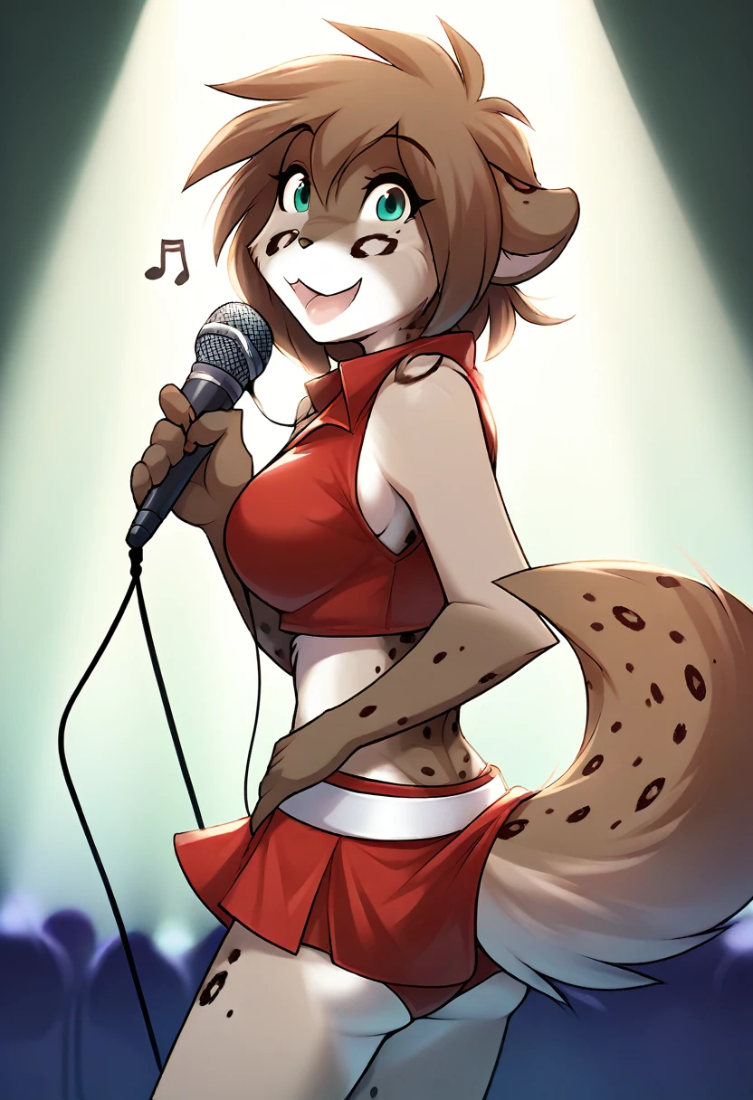 score_9, score_8_up, score_7_up, score_6_up, score_5_up, score_4_up, rating_explicit, source_furry, female, cute anthro female, cute face, detailed background, looking at viewer, solo, solo focus, (digital pen line-art, soft lines, soft shading, pinup, cartoon, anime:1.2), tkkathrin, keidran, mammal, spotted fur, teal eyes, anthro, MEIKO, short red sleeveless jacket with a black undershirt, midriff, busty, small red skirt held with a white belt, skin-tight shorts, (microphone, stage, singing:1.3),  (sideboob:1.2)