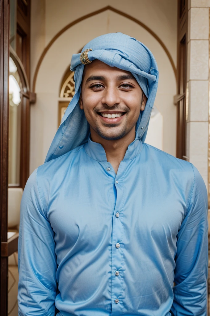 Blue-eyed Arabian prince with a dimple on his cheek when he laughs, 32 years old