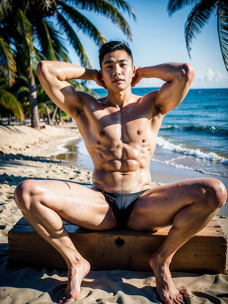 Realistic photography, 8k , handsome young muscular chinese man, wearing no shirt , wearing only black thong, beach, sitting, lifted arms, spread legs
