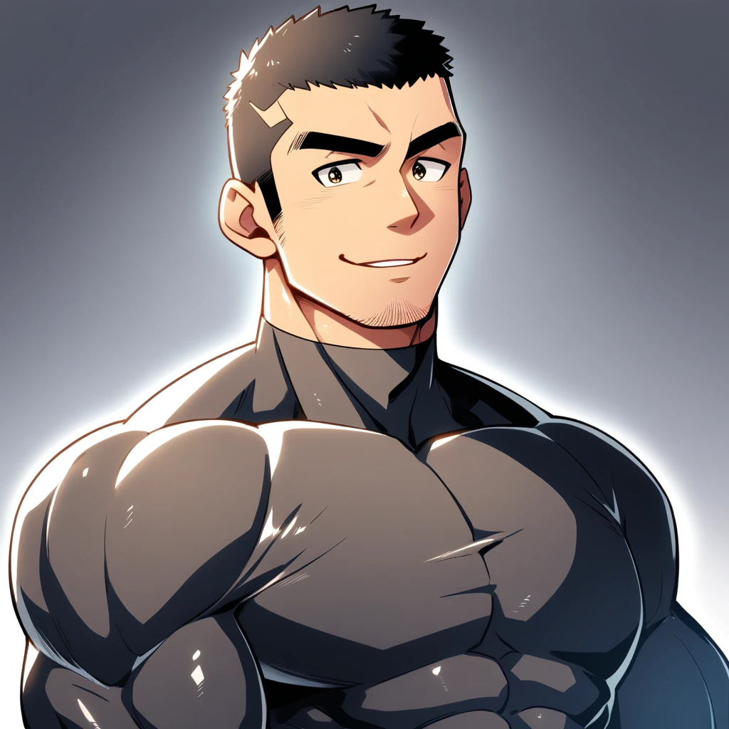 anime characters:Gyee, Muscle Sports Student, Buzz Cut, Manliness, male focus, Cute boy with big eyes, Mike White high collar long sleeve tight T-shirt, Slightly transparent material, Very tight, Round, full and perky chest muscles, Slightly transparent, muscular male, muscular, only, Upper body, alone, Black short hair, Thick eyebrows, stubble, Cute little eyes, Grey background, simple background, amazing quality, best aesthetics, Ridiculous, crew cut, parted lips, seductive smile, torogao, naughty face, drop shadow, best quality