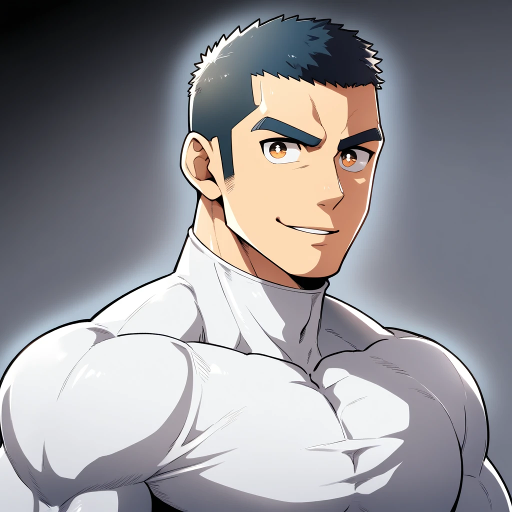 anime characters:Gyee, Muscle Sports Student, Buzz Cut, Manliness, male focus, Cute boy with big eyes, Mike White high collar long sleeve tight T-shirt, Slightly transparent material, Very tight, Round, full and perky chest muscles, Slightly transparent, muscular male, muscular, only, Upper body, alone, Black short hair, Thick eyebrows, stubble, Cute little eyes, Grey background, simple background, amazing quality, best aesthetics, Ridiculous, crew cut, parted lips, seductive smile, torogao, naughty face, drop shadow, best quality