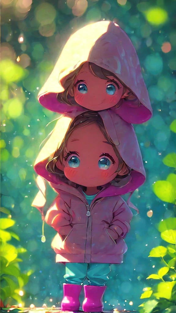 digital painting of a beautiful girl in rain boots in the rain with bright pink eyes, 1girl, solo, hood, blue eyes, rain, looking at viewer, blonde hair, blurry, upper body, short hair, hood up, night,Cheerful girl