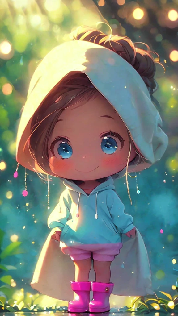 digital painting of a beautiful girl in rain boots in the rain with bright pink eyes, 1girl, solo, hood, blue eyes, rain, looking at viewer, blonde hair, blurry, upper body, short hair, hood up, night,Cheerful girl