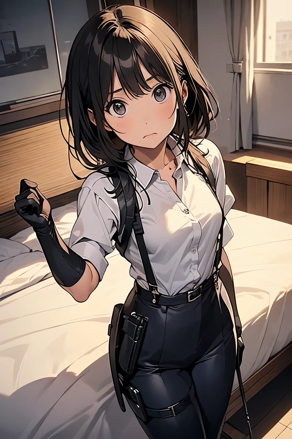   1 female, , high quality, masterpiece, Ultra-high resolution, , Cinema Lighting, , ,  And the suspenders with the cranes flying　　　Moderate breasts　 　 　　　　Small face　 　　　holster　　　　　　　 Lying in bed　Looking up　　　　Sweat 　　　belt　summer　脇Sweat 　Black Hole Gloves　suit　shirt　　Black jacket　 Black trousers　Leg Links　ズボンにbelt　　holster　 　　Hands behind your back　 Anxious expression　Looking up　Anxious face, legs apart　