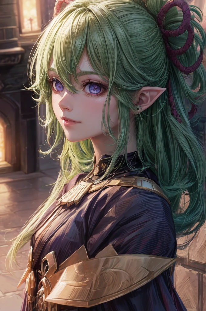 The girl looks at the camera with beautiful purple eyes and an attractive smile, mouth open, White Teeth, Cute little nose, Beautiful long elven ears, portrait of an elf, Portrait of a very beautiful elf woman, green hair, Stars in her fixed eyes, breathtaking rendering, extreme closeup, Sweet girl, attractive anime girl, beautiful anime girl, Cute beautiful anime woman, detailed digital anime art, beautiful anime girl, beautiful anime girl, Anime with small details, Best Quality, Masterpiece, Ultra-detailed, Beautiful, hight resolution, Original,CG 8K ультрареалистичный, perfect artwork, beatiful face, Face Clean, Skin, hyper realistic, Ultra Detailed, A detailed eye, dramatic lighting, (Realistic) Realistic, Full HD, Best Quality, Best Quality, Beautiful lighting, (8k wallpaper of extremely detailed CG unit), High Details, sharp-focus, The art of dramatic and photorealistic painting, beautiful smile, Incredibly detailed face, hyper detailed face, A face with a lot of detail, Perfect nose, gorgeous smile, A star in the eye, Perfect eye shadow, wink, Hyper-Detailed Eyes, Hyper-detailing of eyebrows, Hyper-detailed eyelashes,睨む