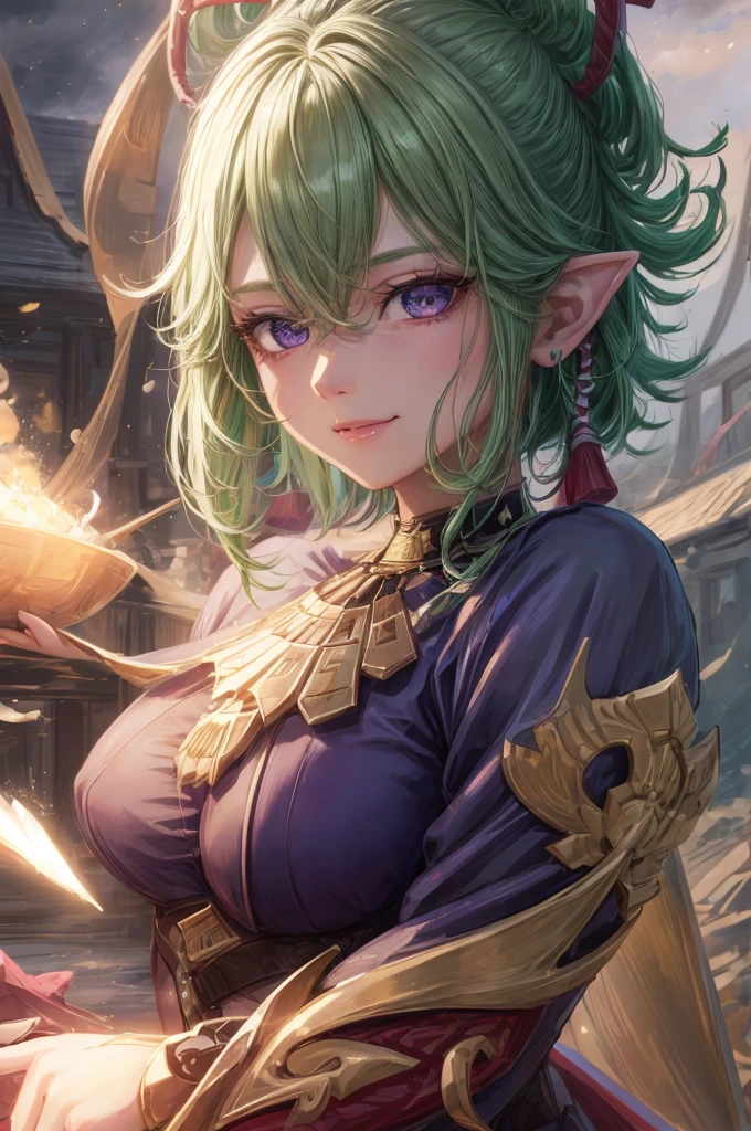 The girl looks at the camera with beautiful purple eyes and an attractive smile, mouth open, White Teeth, Cute little nose, Beautiful long elven ears, portrait of an elf, Portrait of a very beautiful elf woman, green hair, Stars in her fixed eyes, breathtaking rendering, extreme closeup, Sweet girl, attractive anime girl, beautiful anime girl, Cute beautiful anime woman, detailed digital anime art, beautiful anime girl, beautiful anime girl, Anime with small details, Best Quality, Masterpiece, Ultra-detailed, Beautiful, hight resolution, Original,CG 8K ультрареалистичный, perfect artwork, beatiful face, Face Clean, Skin, hyper realistic, Ultra Detailed, A detailed eye, dramatic lighting, (Realistic) Realistic, Full HD, Best Quality, Best Quality, Beautiful lighting, (8k wallpaper of extremely detailed CG unit), High Details, sharp-focus, The art of dramatic and photorealistic painting, beautiful smile, Incredibly detailed face, hyper detailed face, A face with a lot of detail, Perfect nose, gorgeous smile, A star in the eye, Perfect eye shadow, wink, Hyper-Detailed Eyes, Hyper-detailing of eyebrows, Hyper-detailed eyelashes,睨む