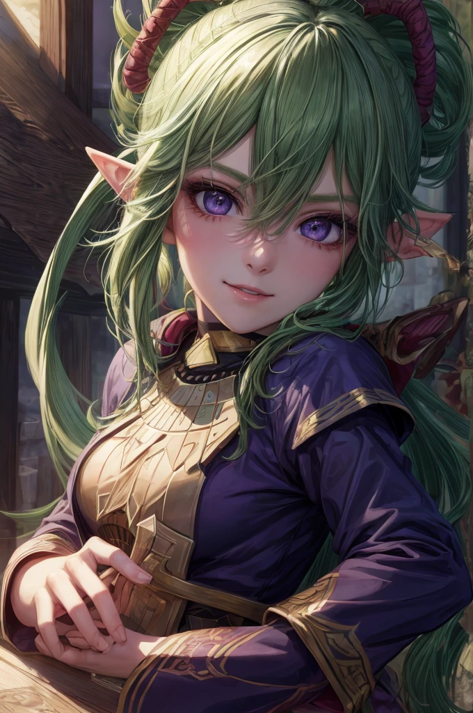 The girl looks at the camera with beautiful purple eyes and an attractive smile, mouth open, White Teeth, Cute little nose, Beautiful long elven ears, portrait of an elf, Portrait of a very beautiful elf woman, green hair, Stars in her fixed eyes, breathtaking rendering, extreme closeup, Sweet girl, attractive anime girl, beautiful anime girl, Cute beautiful anime woman, detailed digital anime art, beautiful anime girl, beautiful anime girl, Anime with small details, Best Quality, Masterpiece, Ultra-detailed, Beautiful, hight resolution, Original,CG 8K ультрареалистичный, perfect artwork, beatiful face, Face Clean, Skin, hyper realistic, Ultra Detailed, A detailed eye, dramatic lighting, (Realistic) Realistic, Full HD, Best Quality, Best Quality, Beautiful lighting, (8k wallpaper of extremely detailed CG unit), High Details, sharp-focus, The art of dramatic and photorealistic painting, beautiful smile, Incredibly detailed face, hyper detailed face, A face with a lot of detail, Perfect nose, gorgeous smile, A star in the eye, Perfect eye shadow, wink, Hyper-Detailed Eyes, Hyper-detailing of eyebrows, Hyper-detailed eyelashes,睨む