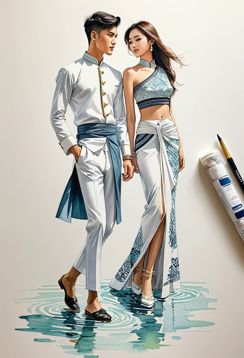 candid fashion illustration of two young man and women, 18 year old, adorned in a meticulously crafted North Thai traditional outfit, ((showcase fashion in a Northern Thai style, cotton handwoven in white color)), simple elegant and luxury style, The man wears a simple long-sleeved white mandarin collar shirt, paired with white Tailor pants, and shoes, The woman complements him with white tubular skirt or Sarong with simple patterns, ankle-length, fitted intricately decorated blouse that complements the skirt, Captured in a dynamic angle, ((full-body image)), ((pastel water color background)), sketching, realistic drawing, imperfect water color drawing, fashion look book, fashion illustrator, sketch design,