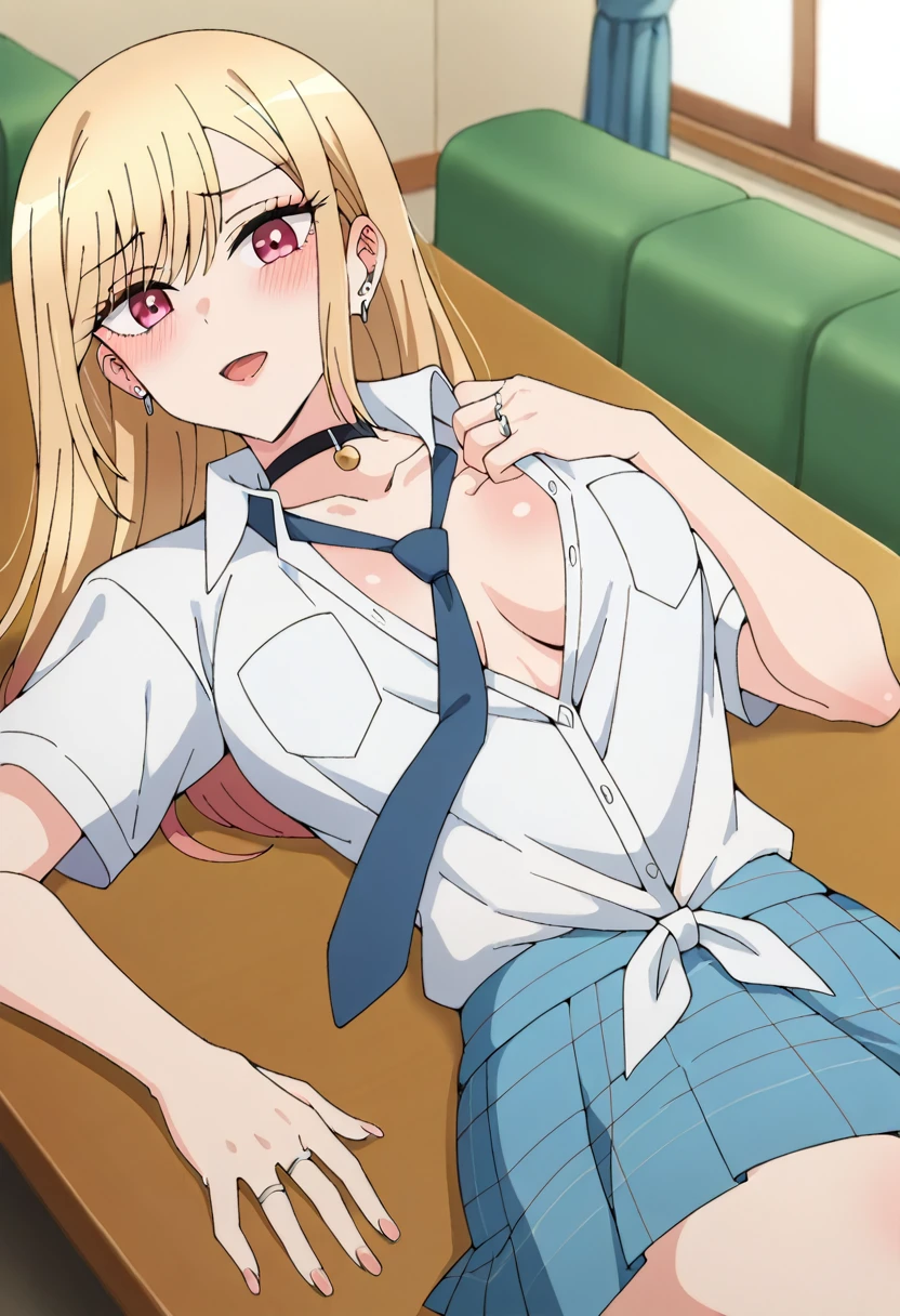 score_9, score_8_up, score_7_up, source_anime, KitagawaMarin, 1girl, ((hugely swollen upper stomach)), ((very drunk)), ((staggers)), ((agitated)), ((provocative)), upper teeth only, multicolored hair, long hair, magenta eyes, ear piercing, earrings, pink nails, makeup, MarinSchool, bead bracelet, black choker, neck bell, ring, collared shirt, ((white shirt unbuttoned)), short sleeves, blue necktie, plaid skirt, ((blue skirt)), tied shirt, ((lying on a table)), looking at viewer, ((has a stomach ache)), ((shows her naked breasts)), ((skirt lowered)), indoors, in a love hotel,