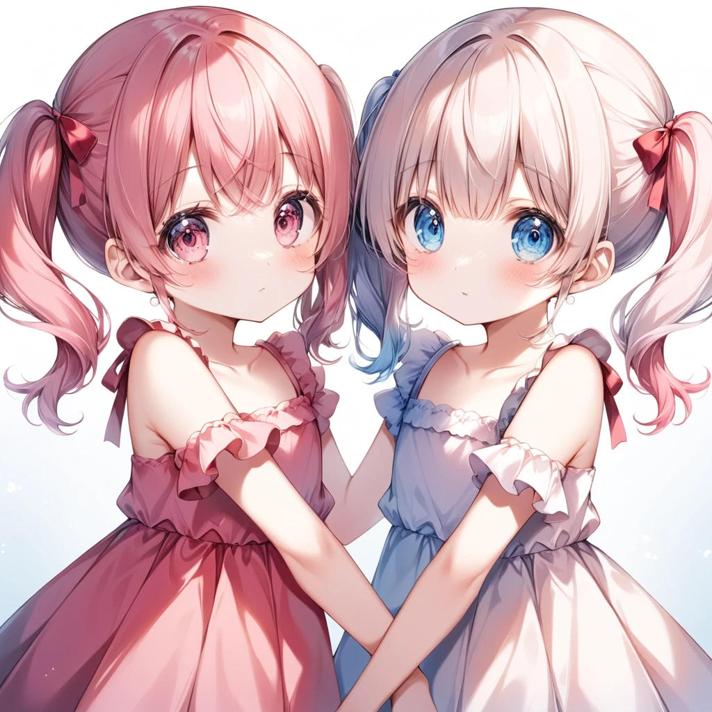 Cute Girls、small、Twin tails、Pink Hair、Pink dress、Big eyes、Light blue eyes