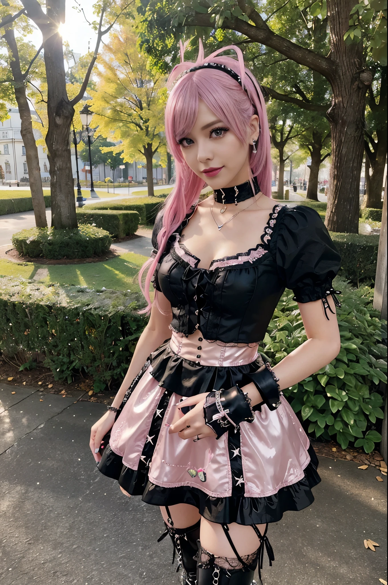 sexy stylish Swedish model, only 1 female, ((doll-like appearance)), short neon pink stylish hair, ((shiny Punk-Style boots)), (beautiful smile), ultra detailed eyes, long lashes, metallic eye-makeup, lip-gloss, ((sexy Punk ta cosplay)), unconventional skirt, petticoats, high neckline, ((ultra detailed lace)), ((ultra detailed embroidery)), intricate details, tartan patterns, Punk Loliccessoires, Punk Lolita cr, ((large sparkling Punk Lolita jewel, cinematic light, detailed sunny large park background with trees