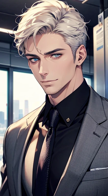 (best quality,4k,8k,highres,masterpiece:1.2),ultra-detailed,(realistic,photorealistic,photo-realistic:1.37),1 man,31 years old,mature man,very handsome,without expression,smile,short white hair,blue eyes,penetrating gaze,perfect face without errors,imposing posture,businessman,office background,cinematic lighting,hdr image