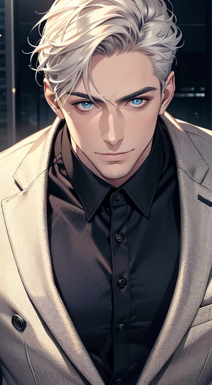 (best quality,4k,8k,highres,masterpiece:1.2),ultra-detailed,(realistic,photorealistic,photo-realistic:1.37),1 man,31 years old,mature man,very handsome,without expression,smile,short white hair,blue eyes,penetrating gaze,perfect face without errors,imposing posture,businessman,office background,cinematic lighting,hdr image
