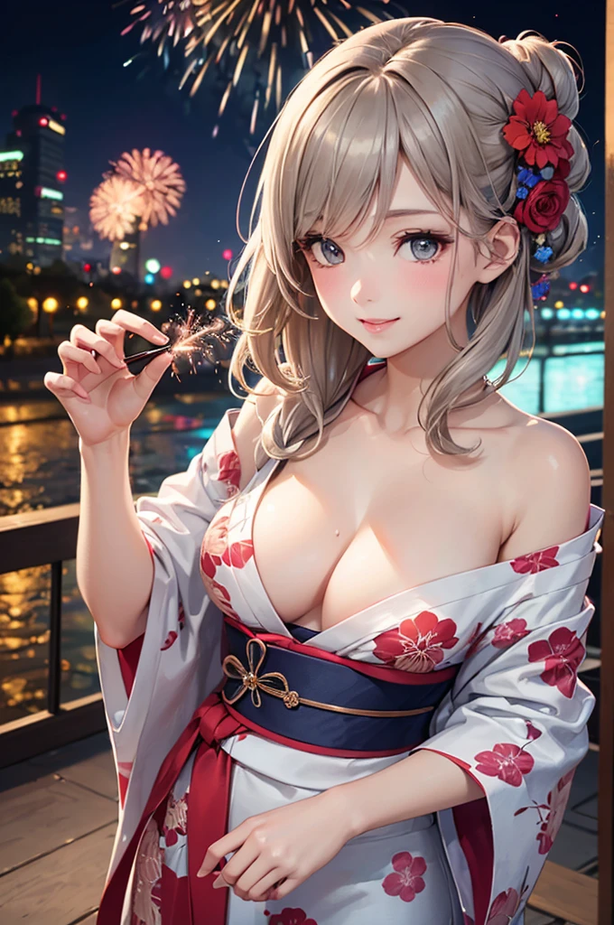 (Best Quality,High resolution,8K,finelity detailed background,Masterpiece:1.2),beautiful girl,Glossy romance gray hair,messy hair,Beautiful grey eyes,Gentle look,A refreshing look,Best quality,Best Quality,Aesthetic and aesthetic:1.2,Best details((Super detailed))(High-definition CG illustrations),yukata(Floral),Slender body,night,Fireworks display,Fireworks in the background,Fireworks,smile,blush,cute,Scrounge,Looking up,Being spoiled,super model