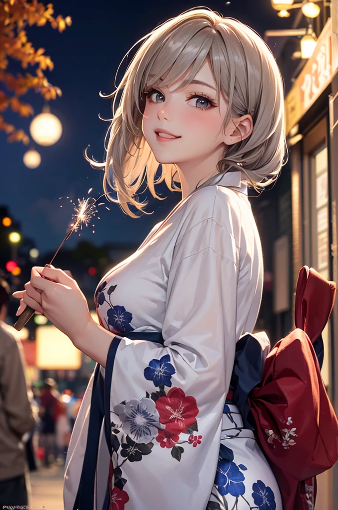 (Best Quality,High resolution,8K,finelity detailed background,Masterpiece:1.2),beautiful girl,Glossy romance gray hair,messy hair,Beautiful grey eyes,Gentle look,A refreshing look,Best quality,Best Quality,Aesthetic and aesthetic:1.2,Best details((Super detailed))(High-definition CG illustrations),yukata(Floral),Slender body,night,Fireworks display,Fireworks in the background,Fireworks,smile,blush,cute,Scrounge,Looking up,Being spoiled,super model