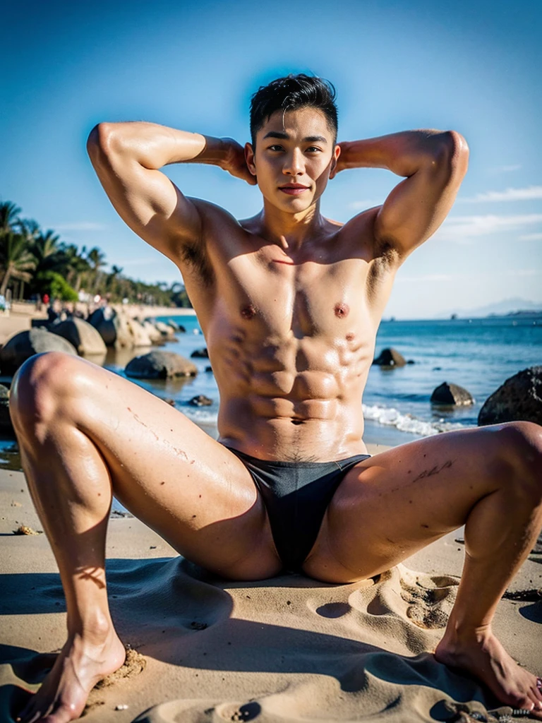 Realistic photography, 8k , handsome young muscular chinese man, wearing no shirt , wearing only black thong, beach, sitting, lifted arms, spread legs