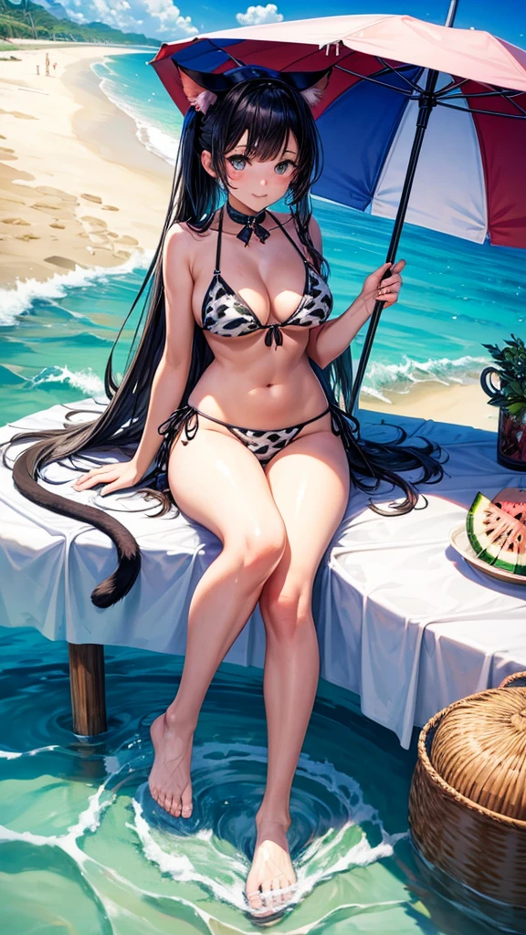 Cat ears and cow print bikini　Beauty　Beautiful feet　Beach parasol　watermelon　Swimming in the sea