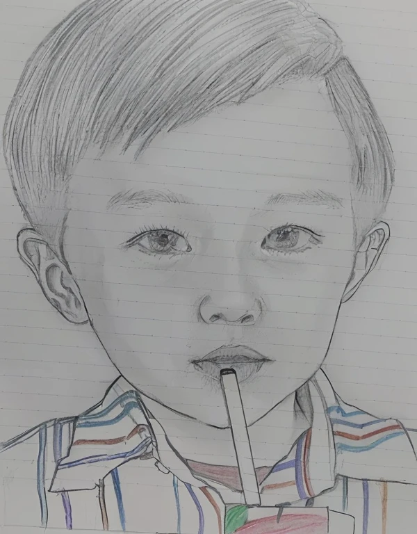 口にストローをくわえた少年のpicture, pencil on paper, Realism drawing, a Pencil sketch, Inspired by Huang Gongwang, Pencil drawing, Traditional Arts, picture, Close-up portrait, Detailed face of asian boy, 子供のpicture, Pencil sketch, Inspired by Yonghao Han, Crayon on paper, by Ayako Rokkaku