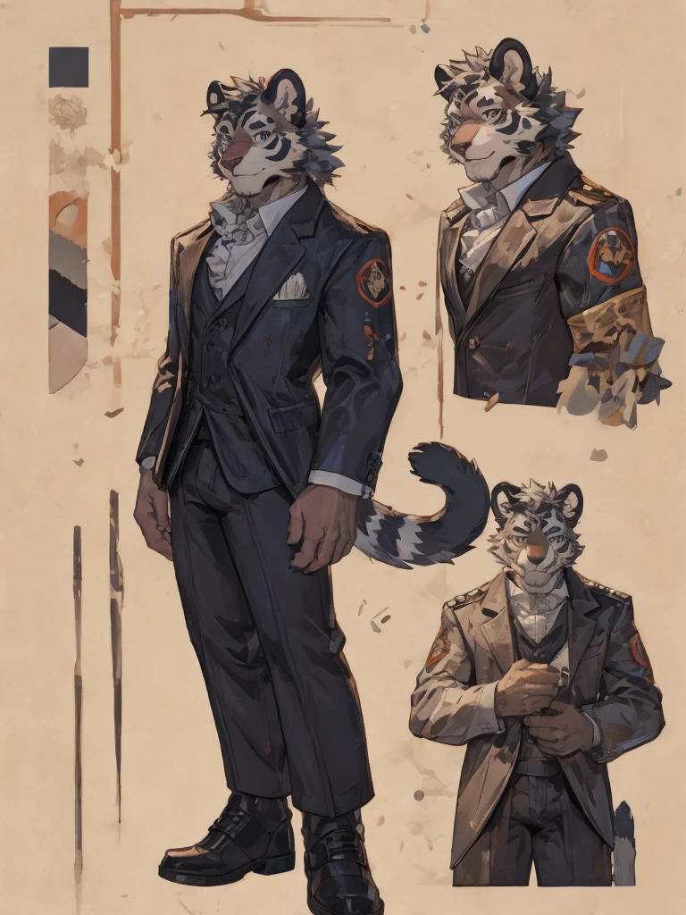 {{bara extremely handsome white tiger,}} {{white fur,}} white, wearing elegant ornate suit jacket, trousers, white dress shirt and necktie, white fluffy furry body and limbs, loafers, very tall, very broad shoulders, narrow waist, muscular arms, massive pecs, purple eyes, very long legs, massive bulge, sophisticated hot look, full body, 3/4 view, best quality, high quality, silver earring on left ear, sultry smirk, multiple views, character sheet