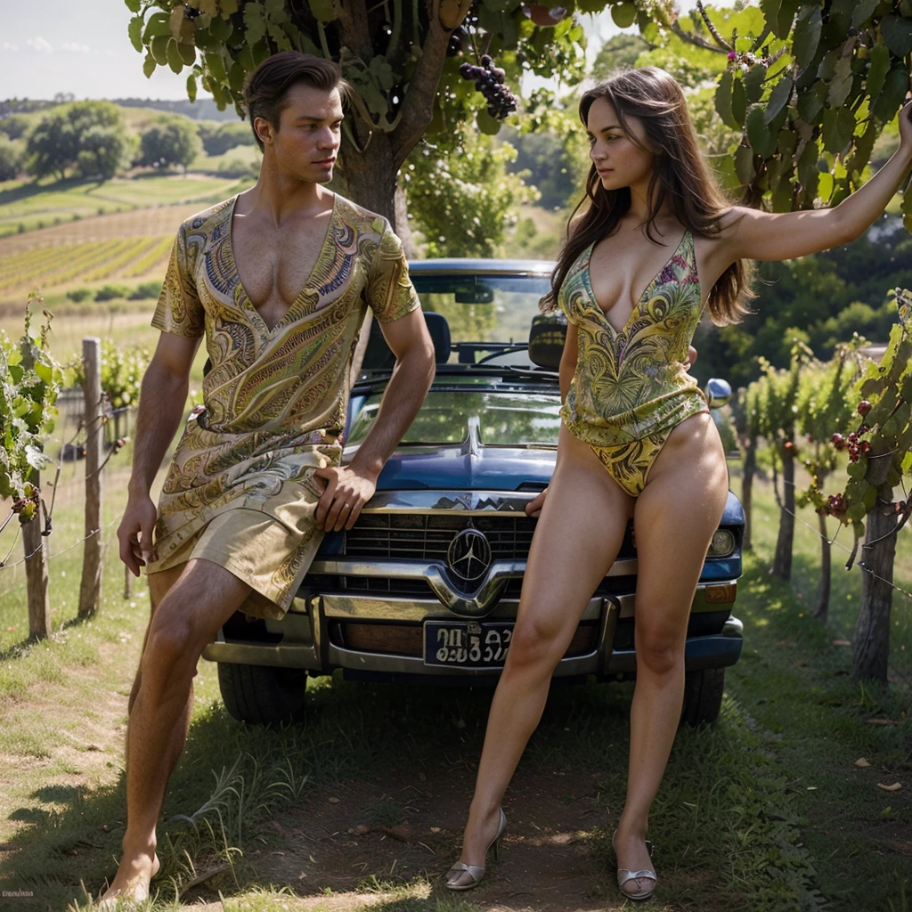 full body view, rural saxones man and woman work in Vineyard on hill, Andrew Loomis style, Masterpiece work of art, highly detailed linework reminiscent of Carne Griffiths, imbued with Wadim Kashim's bold color and texture, light and airy as Carl Larsson's compositions, featuring Pascal Blanche-style hyper-realistic characte