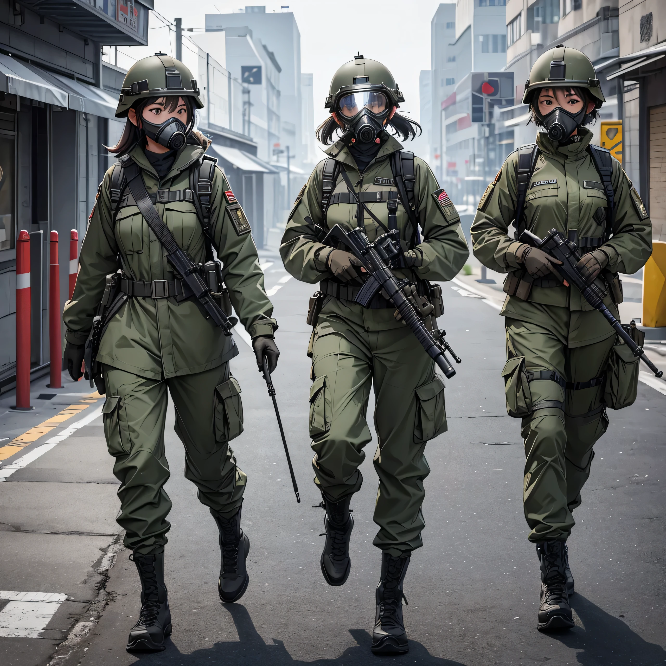 A group of female soldiers wearing gas masks、Wear a steel helmet、Wear goggles、Gray military uniform、Military Pants、Hospital corridor、patrol、Write details、masterpiece、best quality、Highly detailed CG、8K picture quality