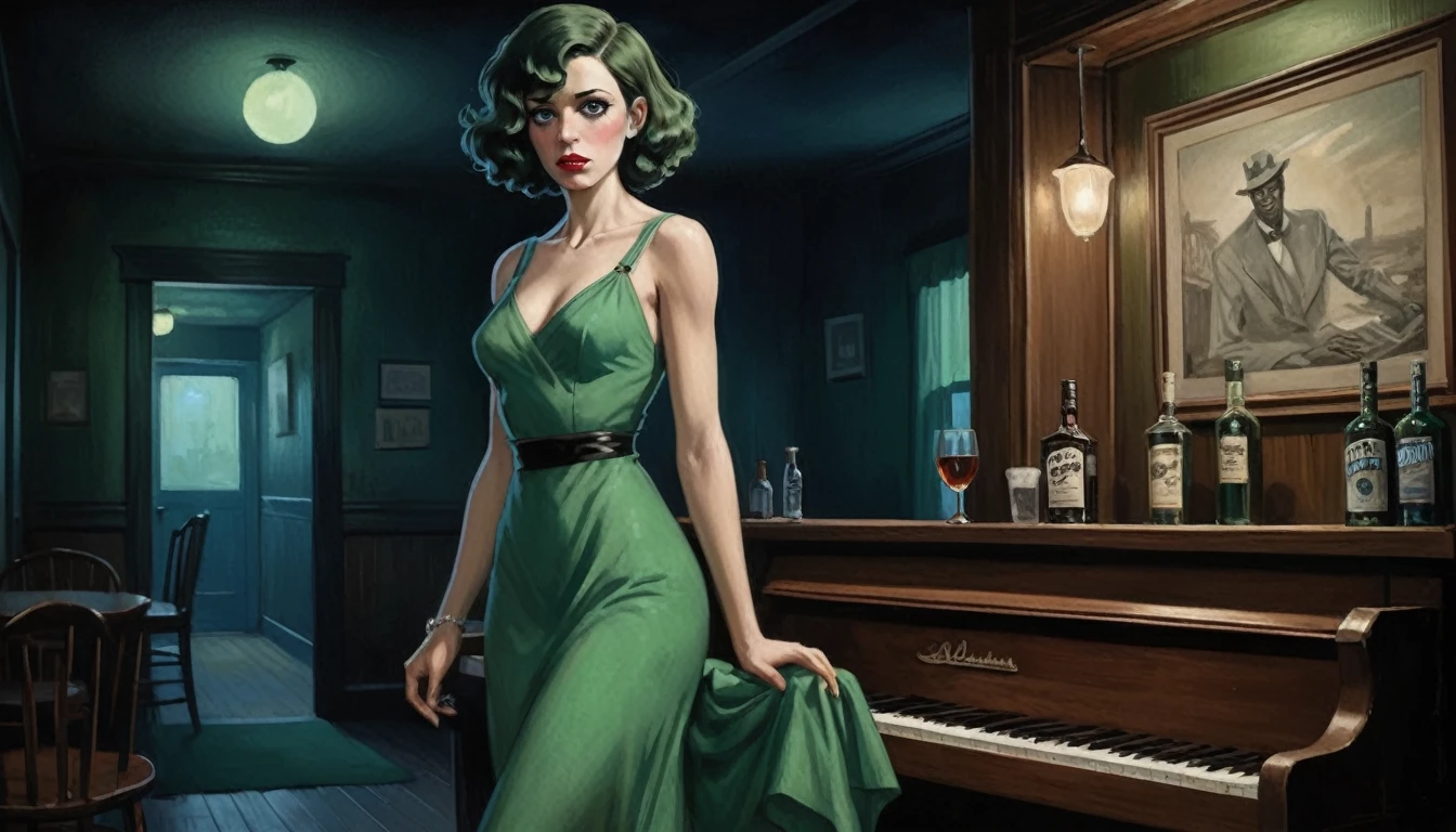 robert johnson, gritty, alabama bar, blue note, charismatic , green dress, illustration, noir fantasy, lone canadian lady, sad ending, saxophonist