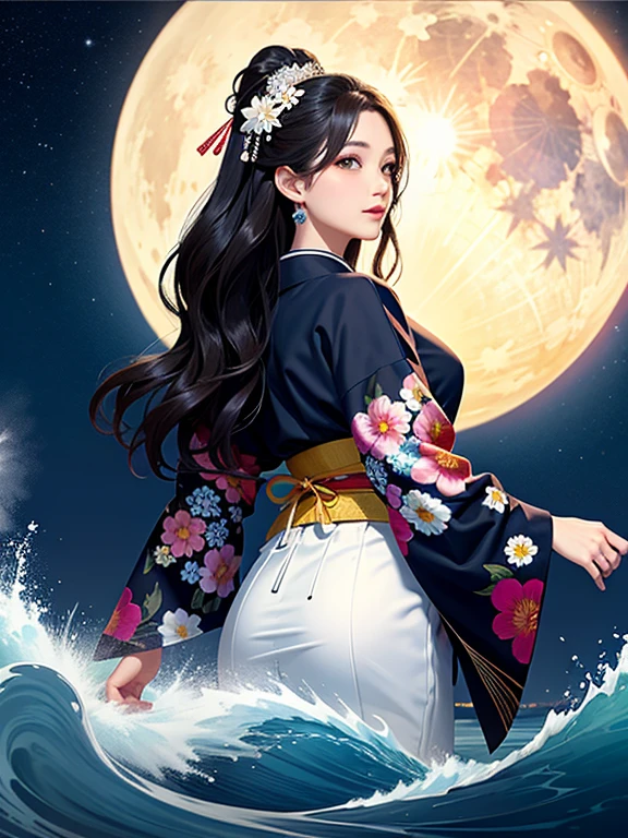 (Highest quality、masterpiece、High resolution、8K)、Ukiyo-e、Vibrant colors、Katsushika Hokusai、1 female、Long Black Hair、The kimono has a vivid floral pattern on a white background.、White waves and Mt. Fuji、White waves, the moon and a woman、White waves, a boat and a woman、White waves and a woman、White waves and a womanとカモメ、Official Art、Detailed CG、