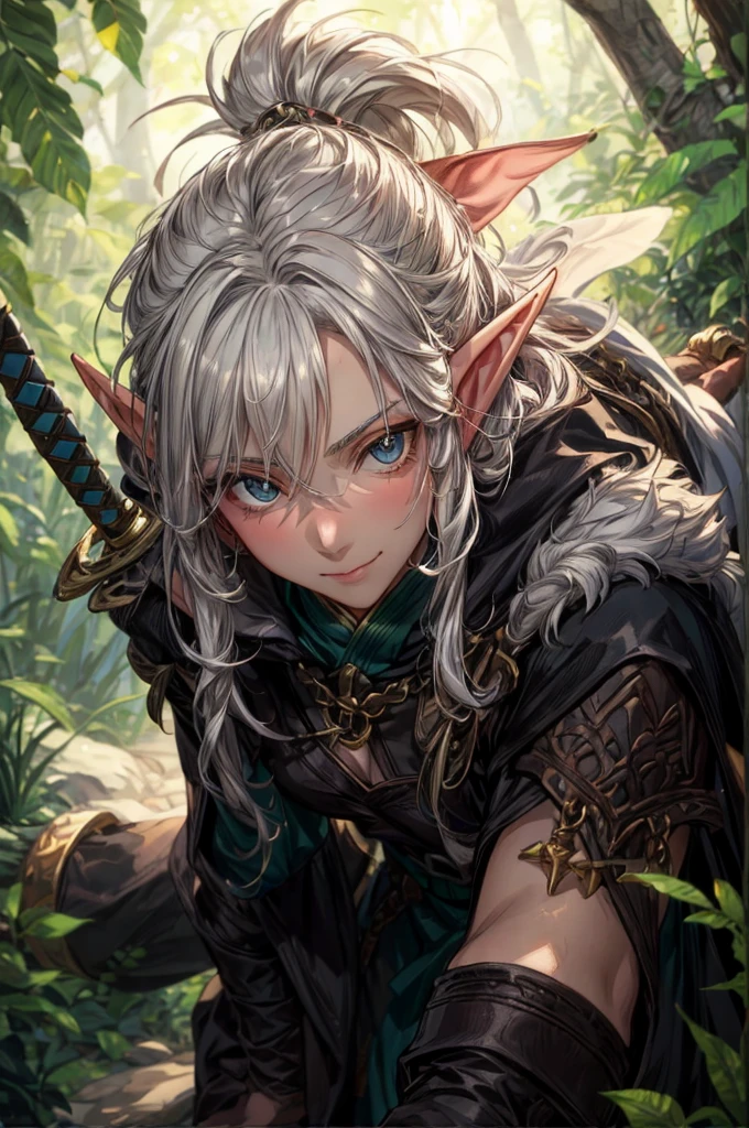a close up of a person with a sword in a forest, of an elden ring elf, elven character with smirk, a portrait of a male elf, a male elf, a portrait of an elf, backveiw picture of elf rogue, ciri, elf girl, young half elf wizard, portrait of an elf、睨む