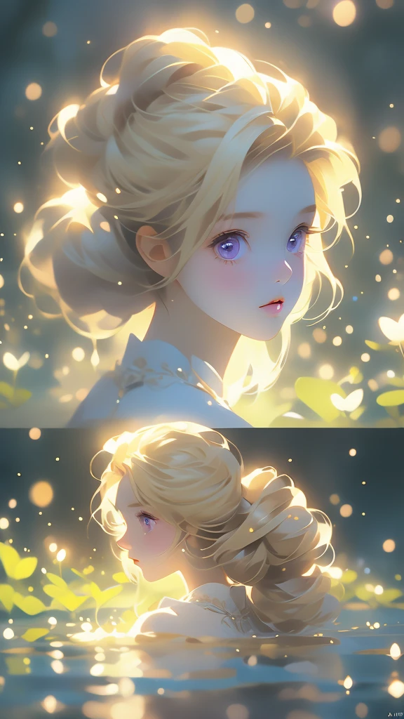1 girl,Depp's Sense,confused,catch light,Super beautiful illustration,(beautiful blonde,Double-sided up hairstyles:1.6),landscape,turn around,;d,beautiful and delicate flowing hair,delicate and detailed purple eyes