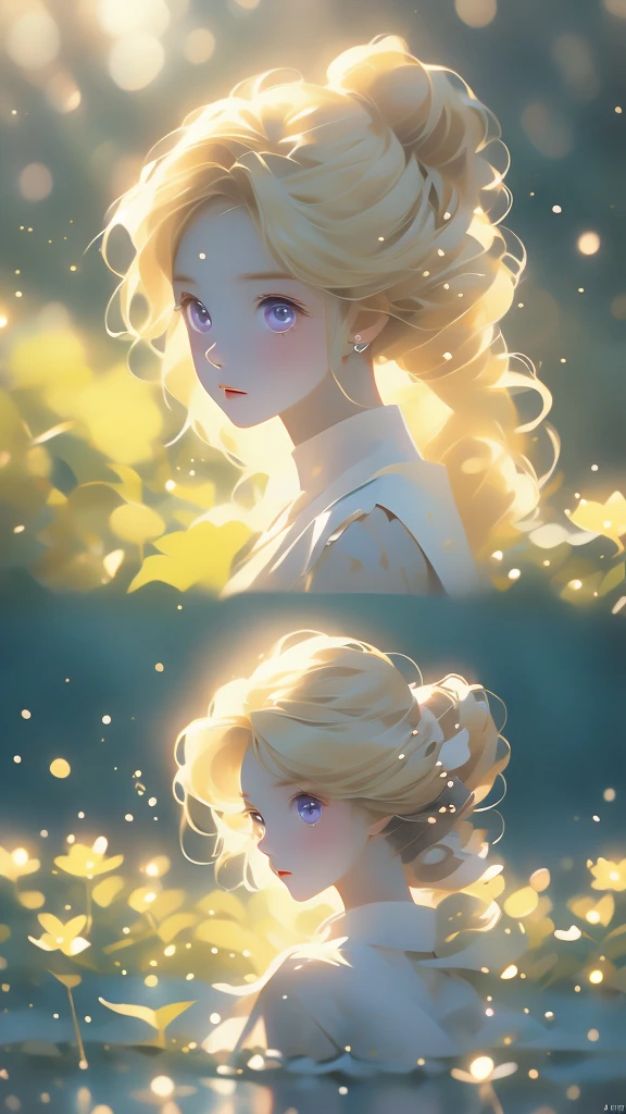 1 girl,Depp's Sense,confused,catch light,Super beautiful illustration,(beautiful blonde,Double-sided up hairstyles:1.6),landscape,turn around,;d,beautiful and delicate flowing hair,delicate and detailed purple eyes