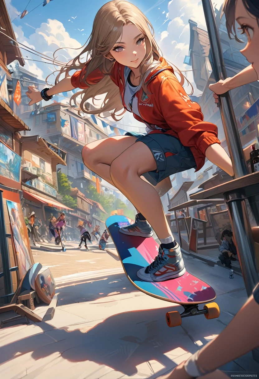 8K resolution, masterpiece, Highest quality, Award-winning works, unrealistic, Final Fantasy, Royal Jewel,Photorealistic by Midjourney and Greg Rutkowski, , elegant, Very detailed, Delicate depiction of hair, Miniature Painting, Digital Painting, Art Station, Concept Art, Smooth, Sharp focus, , nature, Clear shadows, , 22-year-old woman, , Height: 170cm, Large, firm, swaying bust, In town, skateboard, Women's Skateboarder, skateboardOlympic選手, Street Competition, Olympic, , flashy skateboarder clothing, Complex construction, skateboardをする, Snowboard down the railing, Glide, erotic, One sexy woman, healthy shaped body,, 