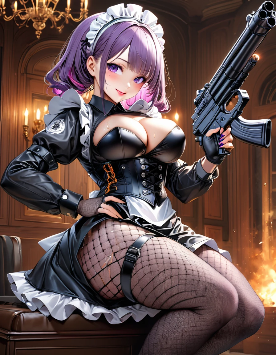 1 mature and seductive woman,(Highest quality,Extremely detailed depiction,Incredibly absurd high resolution,Anatomically accurate depiction,Two lovely hands, Five perfect fingers,Curvy Legs),(Glowing Skin,Shiny skin,Oilskin),((Maid armed with firearm)),(black and white maid outfit,Maid Skirt,corset,Fishnet tights,machine gun),eyelash,(Purple Eyes,There is cleavage in the chest,Bewitching Smile,Glossy lipstick,),Sweat,(whole body),(background:Mansion),Gunfight,Get on your knees and hold your gun,Firing a gun,Over your shoulder:1.5