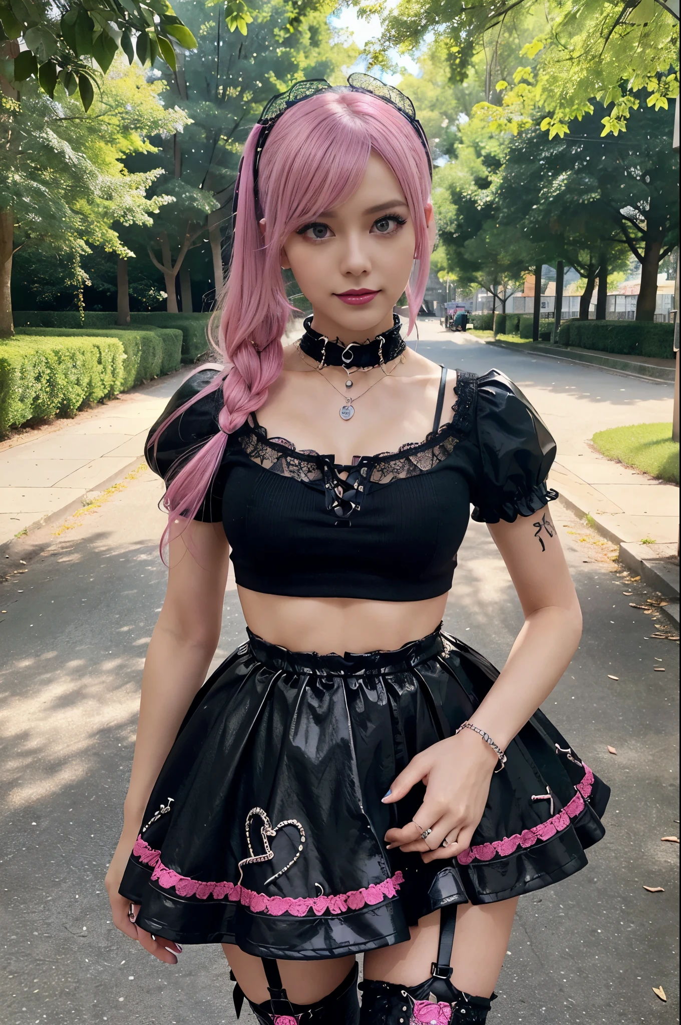 sexy stylish Swedish model, only 1 female, ((doll-like appearance)), short neon pink stylish hair, ((shiny Punk-Style boots)), (beautiful smile), ultra detailed eyes, long lashes, metallic eye-makeup, lip-gloss, ((sexy Punk Lolita cosplay)), unconventional skirt, petticoats, high neckline, ((ultra detailed lace)), ((ultra detailed embroidery)), intricate details, tartan patterns, Punk Lolita accessoires, Punk Lolita choker, ((large sparkling Punk Lolita jewelry)), cinematic light, detailed sunny large park background with trees