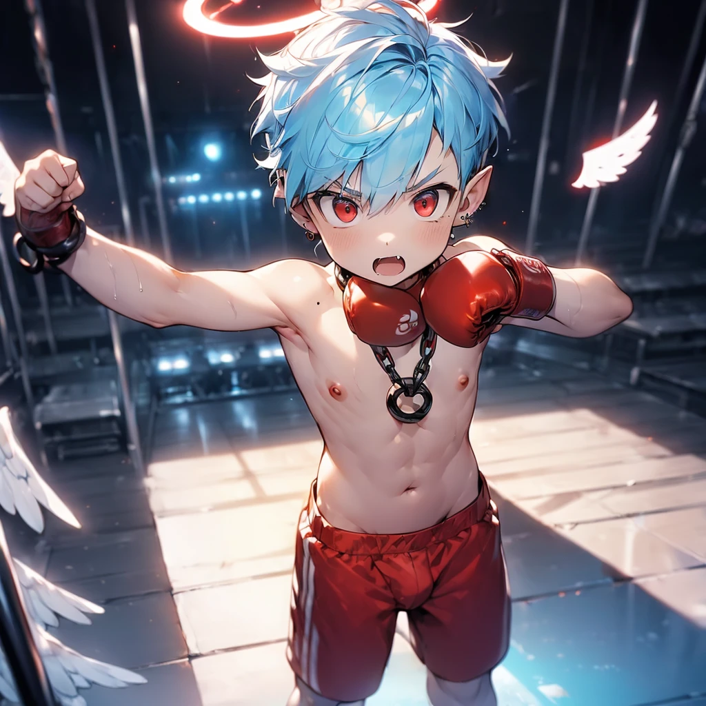 (solo:2), (boldline:-1.7), (brave:1.5), (punching pose:1.5), (twin angel wings on his back:1.6), (halo on his head:1.3), (standing on stage:1.5), BREAK (red boxing groves:1.8), (((fang))), (((best finger))), (((best arms))), (((best legs))), BREAK (best quality:1.5), (absolutely resolution:1.4), (ultra detailed:1.5), (masterpiece:1.5), (perfect face), (detailed face), (detailed eyes), (best eyes), (cute face), (shota:2), BREAK (topless:2), BREAK (red boxing pants:1.5), (bulge:1.6), (skinny:1.3), BREAK (light blue hair:1.5), (spiked hair), (wine red eyes:1.4), (eyes with highlight:1.6), ((mole under eye)), (sweaty skin), (singing:1.4), ((earrings)), (angry:1.3), (shiny skin:1.3), BREAK (stadium:1.5), (spot light), ((wind blowing)), ((nipple)), (abs), (groin), (chain around neck:1.5), (shackles:1.6), (from above), upper body, (face close up),