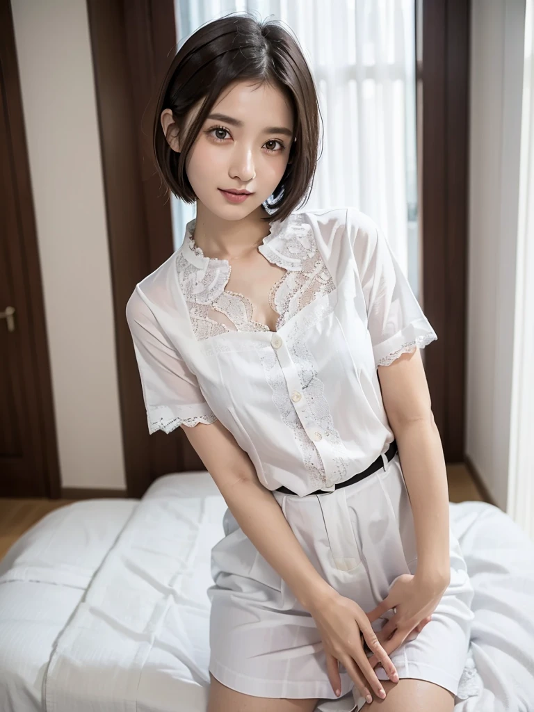 (Highest quality:1.9)、(High resolution)、Live-action image quality、((19 year old female university student、1 person))、Soft lighting by a professional photographer、Natural light、((Very spacious white luxurious room:1.6))、((Bright white room:1.6))、(Standing in front of a very luxurious white bed:1.2)、(White bookshelf background:1.1)、Natural soft light、((Black Hair Color:1.1))、Fair skin、Detailed Eyes、double eyelid、Slightly puffy cheeks、((Small Face:1.0))、((White lace short sleeve shirt、Please wear it with the chest open.:1.7))、((White checked skirt))、(Cute Smile)、((Girly pose 1.8))、((Straight short hair:1.1))、((Full Body Shot:1.2))、((Height: 145cm))、Hands in front、Hold hands between legs、bangs、