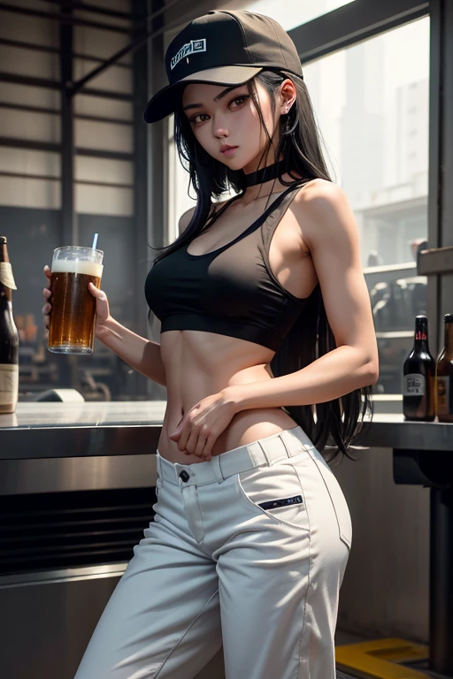 Beautiful woman drinking a soda, wearing cleavage, sexy look thick thighs long black cables extremely detailed