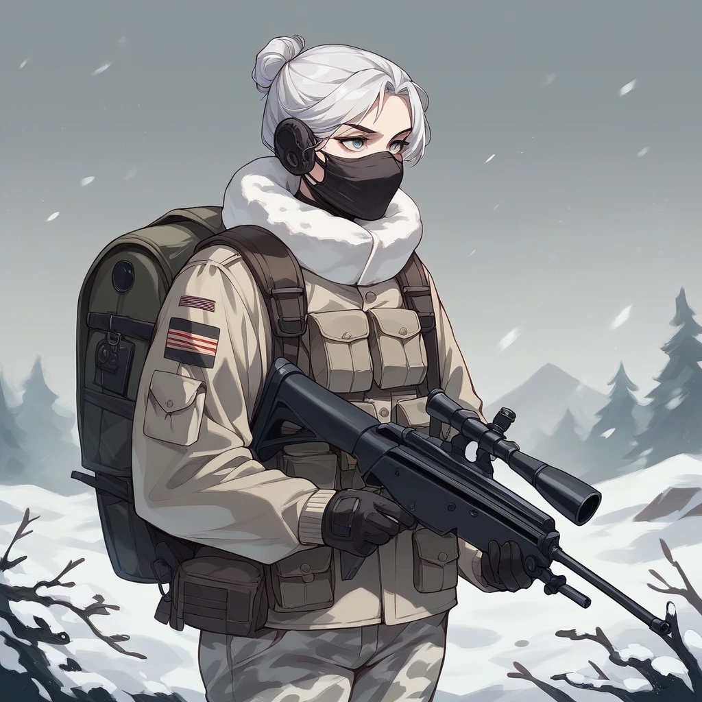 an girl mask , white snow fulfy military uniform, Match the color and texture of the uniform、Equipment、backpack、white camouflage pattern, ready for the sniper, snow atmosphere, white color tone, photography.