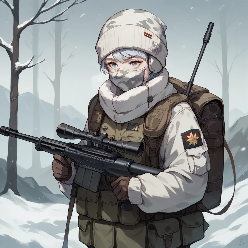 an girl mask , white snow fulfy military uniform, Match the color and texture of the uniform、Equipment、backpack、white camouflage pattern, ready for the sniper, snow atmosphere, white color tone, photography.