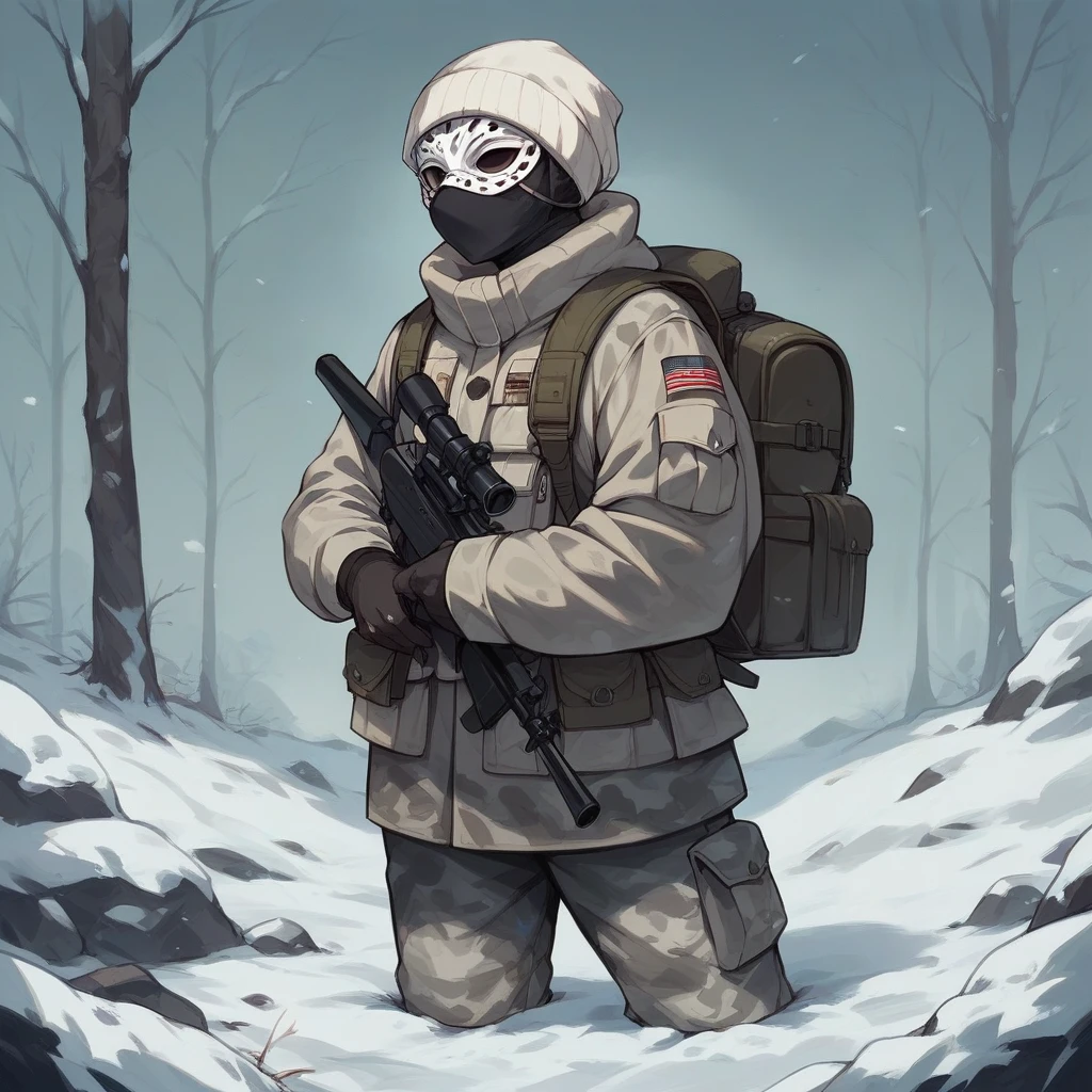 an girl mask , white snow fulfy military uniform, Match the color and texture of the uniform、Equipment、backpack、white camouflage pattern, ready for the sniper, snow atmosphere, white color tone, photography.
