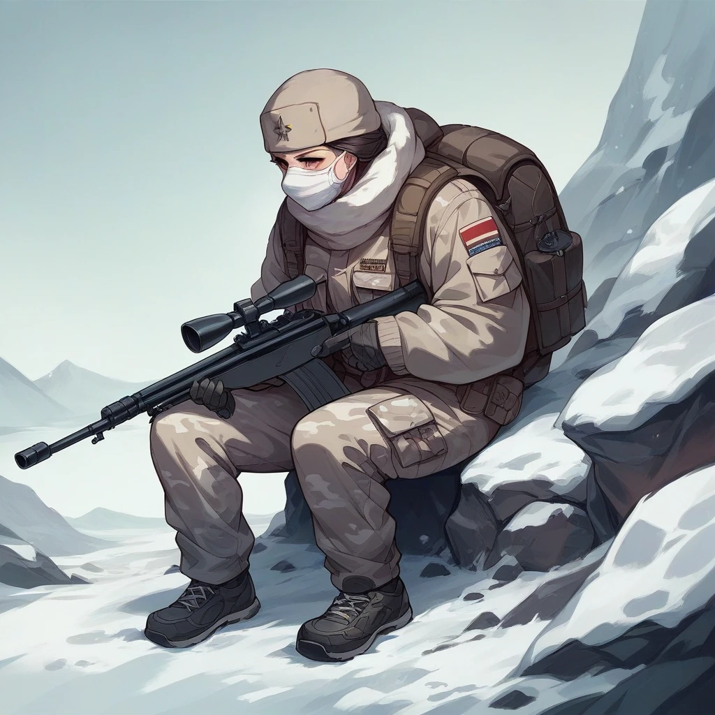 an girl mask , white snow fulfy military uniform, Match the color and texture of the uniform、Equipment、backpack、white camouflage pattern, ready for the sniper, snow atmosphere, white color tone, photography.