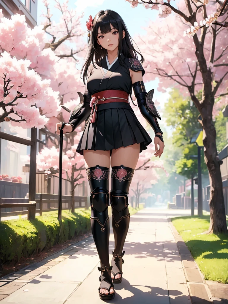 ((1girl, solo)), beautiful body, (perfect ???????, perfect body, perfect hands, perfect legs), (five fingers:1.5), natural proportions, sexy body, (((large breasts))), cowboy shot BREAK 

((extremely detailed face)), (beautiful detailed eyes:1.6), (realistic pupils, realistic iris:1), expressive eyes, looking at viewer, (clear eyes:1.3), (hyperrealistic:1.2), (detailed skin texture:1.2), smooth skin, (black hair:1.5), (red eyes:1.3), long hair, (straight hair:1.5), (((bangs))), ((blunt bangs)), hair ornament, hair flower, (detailed lips:1.2), (attractive lips:1.1), (glossy lips:1.1), (parted lips), perfect face, perfect eyes BREAK

Samurai, japanese clothes, (short kimono:1.5), sleeveless, elbow gloves, (arm guard:1.5), (micro mini skirt:1.5), pleated skirt, black skirt, zettai ryouiki, thighs, black thighhighs, (greaves:1.3), skindentation, tassel, shimenawa BREAK

Outdoors, day, (spring:1.3), (((cherry blossoms))), nature, ((trees)), forest, ((ancient japan)), medieval fantasy  BREAK 

(masterpiece:1.5), anime-style, top quality, best quality, (beautiful and aesthetic:1.2), (ultra detail:1.5), Ultra-detailed depiction, Ultra-precise depiction, extremely detailed 8k illustration, high resolution, (highly detailed shading:1.2), (realistic lighting:1.4), perfect lighting, vibrant colors, dynamic tones, striking hues, 8k, absurd resolution, perfect shadows, hdr, UHD, ambient lighting, realistic, ultra-realistic, photo realistic, highly detailed, rich detail, luminous colors, fine texture, intricate design, professional illustration, (soft light:1.2), (illustration:0.7)