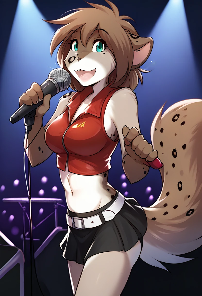 score_9, score_8_up, score_7_up, score_6_up, score_5_up, score_4_up, rating_explicit, source_furry, female, cute anthro female, cute face, detailed background, looking at viewer, solo, solo focus, (digital pen line-art, soft lines, soft shading, pinup, cartoon, anime:1.2), tkkathrin, keidran, mammal, spotted fur, teal eyes, anthro, MEIKO, short red sleeveless jacket with a black undershirt, midriff, busty, small red skirt held with a white belt, skin-tight shorts, (microphone, stage, singing:1.3),  (sideboob:1.1)