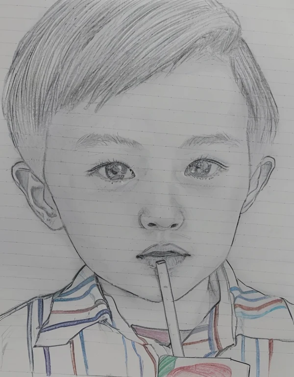 口にストローをくわえた少年のpicture, pencil on paper, Realism drawing, a Pencil sketch, Inspired by Huang Gongwang, Pencil drawing, Traditional Arts, picture, Close-up portrait, Detailed face of asian boy, 子供のpicture, Pencil sketch, Inspired by Yonghao Han, Crayon on paper, by Ayako Rokkaku