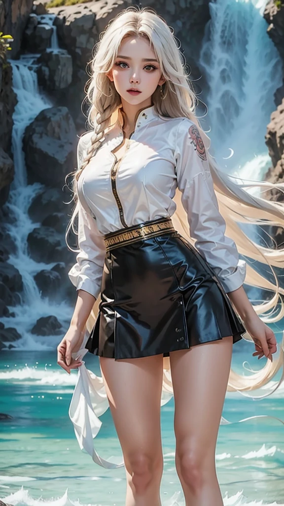 A high resolution rendering of a fierce woman, standing solo with her hips slightly tilted, her detailed face exuding confidence and strength. Her long white hair is adorned with delicate braids, and she is dressed in a striking army suit with a short skirt and adorned with unique tattoos and jewelry.