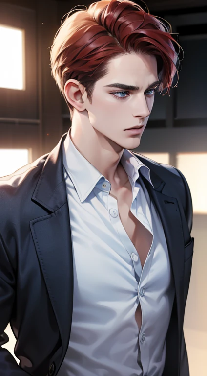(best quality, masterpiece, 8K, photorealistic, cinematic lighting, 1:4 hdr image, ultra detailed, beautiful image), a mature man, 34 years very handsome, ((cold expression)), short red hair, blue eyes, face perfect without mistakes, ((buttoning his jacket, CEO))