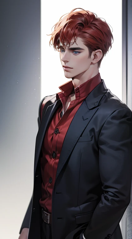 (best quality, masterpiece, 8K, photorealistic, cinematic lighting, 1:4 hdr image, ultra detailed, beautiful image), a mature man, 34 years very handsome, ((cold expression)), short red hair, blue eyes, face perfect without mistakes, ((buttoning his jacket, CEO))