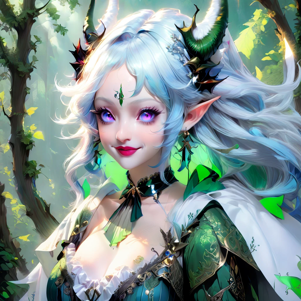 masterpiece, Highest quality, Very detailed, High resolution, An expensive solution, High resolution, masterpiece, depth, Fine texture, Highest quality, Total concentration, (very pretty anime Elf Girl), (Beautiful Gothic Elf Woman, Young Elves, Elf Girl, pretty girl, Young girl),Has horns on its headがある, Grin, smile, (A chic white top with beautiful details, ribbon, medium pleated skirt, Fluffy long sleeves, White Cape), Emerald Eyes, Long eyelashes, eyeliner, Huge thighs, Wide Hips, Tight waist, ( Light blue hair, (Light Hair, Long Hair), bangs, Gradient Hair), Shiny Hair,  Forest as a background, Fantasy art, 8k high quality detailed art, A fusion of realism and colorful fantasy, Gothic art style, Fantasy art style, a beautiful fantasy Young Elves, CGI anime Fantasy artwork, charm,  Seductive posture, Vibrant colors, 自信に満ちたsmile, gentle smile, Beautiful attention to detail, Beautiful lip detail, Very detailed目と顔, Long eyelashes, Vibrant colors, Professional, Very detailedな, Intricate details, Volumetric lighting, Lens flare, particle,(White and platinum color scheme), mysterious, mysteriousな.Has horns on its head